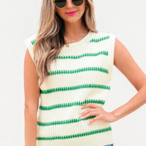 Bright Green Striped Round Neck Casual Sweater Vest