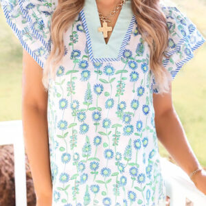 Green Floral Print Striped Detail Contrast V Neck Patchwork Flutter Sleeve Blouse