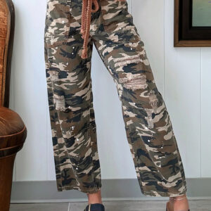 Green Camouflage Print Splashed Distressed Loose Denim Pants