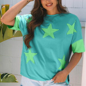 Aruba Blue Frayed Denim Star Patched Oversize T Shirt