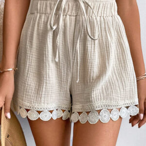 Apricot Textured Frilled Knotted High Waist Lace Hem Shorts
