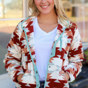 Fiery Red Western Aztec Buttoned Zipper Pockets Fleece Jacket