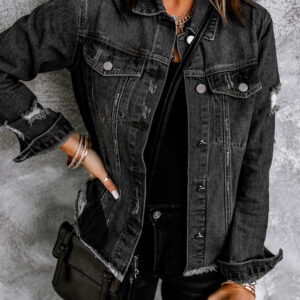 Black Lapel Distressed Raw Hem Buttons Denim Jacket