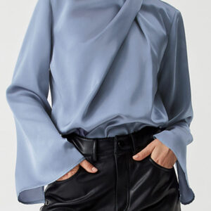 Ivy Asymmetric Pleated Turtleneck Bell Sleeve Blouse