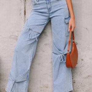 Beau Blue Bowknot Decor Boyfriend Cargo Jeans