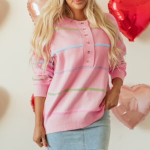 Pink Rainbow Stripes Drop Shoulder Baggy Henley Sweater