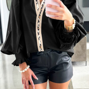 Black Puffy Flounce Sleeve Leopard Trim V Neck Blouse
