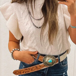 Jet Stream Cable Knit Turtleneck Ruffled Short Sleeve Sweater