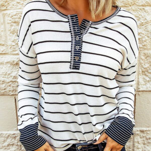 White Striped Buttoned Henley Waffle Knit Top