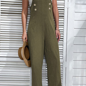 Jungle Green Solid Color Buttoned Straight Leg Overall