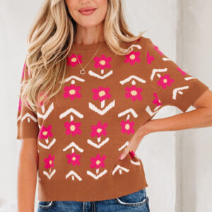 Brown Floral Short Puff Sleeve Sweater