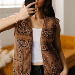 Brown Sherpa Paisley Print Pocketed Western Fashion Vest Jacket