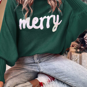 Blackish Green Merry Letter Embroidered High Neck Sweater