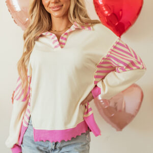 Pink Stripe Colorblock Patchwork Collared French Terry Knit Top