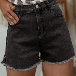 Carbon Grey Raw Hem High Waist Denim Shorts