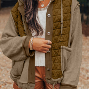 Jungle Green Quilted Textured Patchwork Loose Fit Hooded Jacket