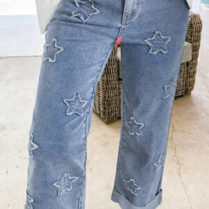 Dusk Blue Foiled Star Patchwork Straight Leg Loose Jeans