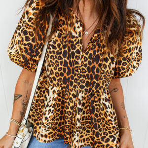 Leopard Print Short Puff Sleeve Slit Neck Babydoll Blouse