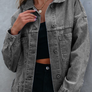 Blue Stripe Washed Oversize Pocketed Denim Jacket