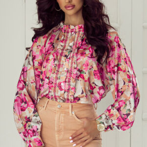 Red Floral Print Ruffled Stitch Buttoned Loose Fit Shirt