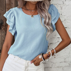 Mist Blue Solid Color Ruffled Short Sleeve Casual Blouse