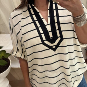 White Stripe Stand Collar V Neck Elastic Cuffs Half Sleeve Dolman Top