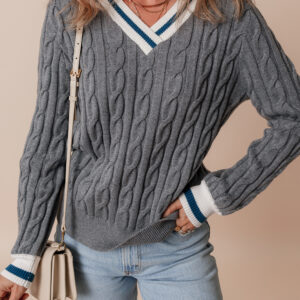 Medium Grey Color Contrast Ribbed Edge Cable Knit V Neck Sweater