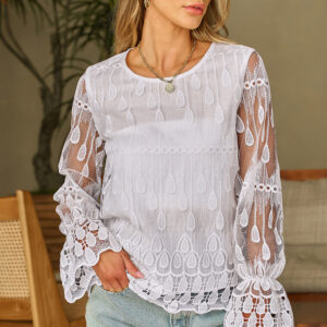 Beige Embroidered Mesh Flounce Sleeve Blouse