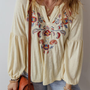 Apricot Paisley Floral Embroidered Notch V Neck Blouse