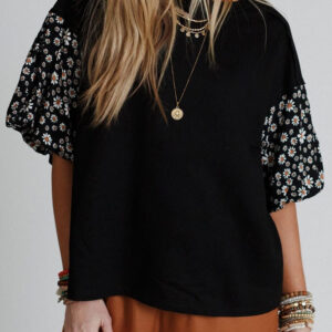 Black Contrast Floral Puff Sleeve Oversized Top
