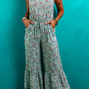 Green Bohemian Floral Ruffle Bottom Spaghetti Strap Jumpsuit