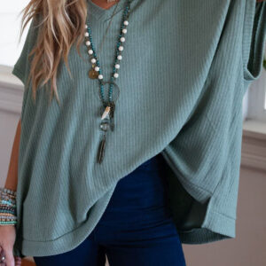 Moonlight Jade Oversized Ribbed Knit V Neck Dolman Short Sleeve Top