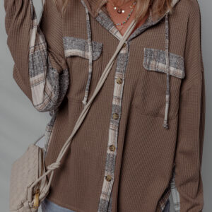 Brown Plaid Patchwork Button Down Drawstring Hooded Shacket