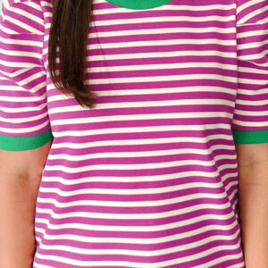 Rose Stripe Short Puff Sleeve Contrast Trim Round Neck Tee