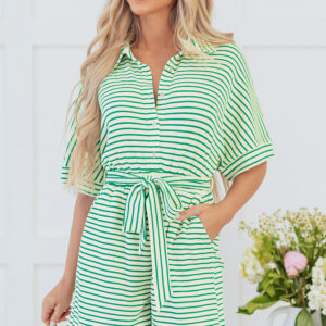 Green Stripe Textured Short Sleeve Collared Buttoned Waist Tie Romper