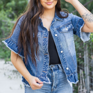 Peacock Blue Raw Edge Ruffled Short Sleeve Denim Jacket
