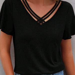 Black Crisscross V Neck Butterfly Sleeve T Shirt