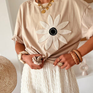 Oatmeal Contrast Crochet Floral Graphic Drop Shoulder Loose Tee