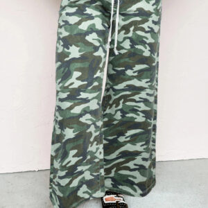 Green Camouflage Print Wide Leg Drawstring Denim Pants