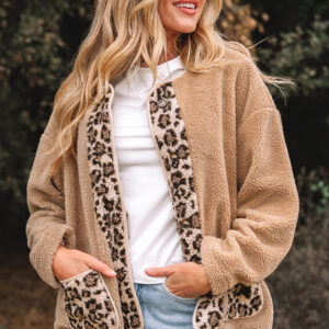 Casual Leopard Print Accent Plush Jacket with Pockets