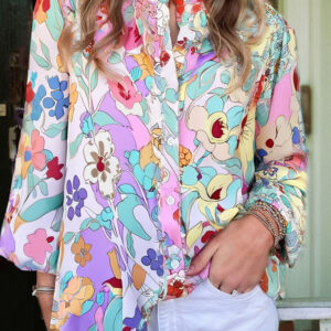 Pink Floral Print Patchwork Frilly Neckline Long Sleeve Shirt