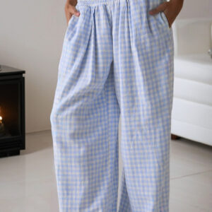 Myosotis Plaid Print Smocked High Waist Womens Loose Pants