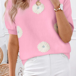 Pink Flower Pattern Short Sleeve Knitted Top