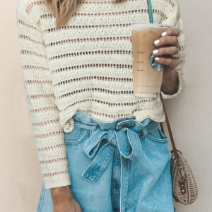 White Hollow Out Knit Round Neck Sweater