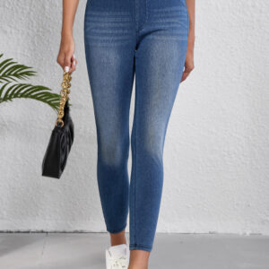 Navy Blue Skinny Elastic Waist Ankle Length Mid Waist Jeggings with Pockets