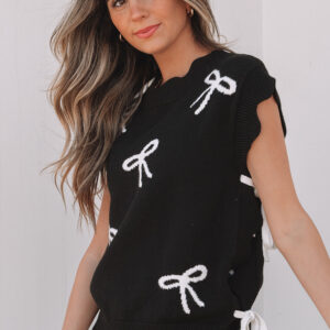 Black Bow Print Side Ties Scalloped Hem Sweater T Shirt