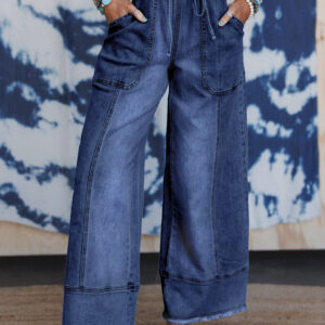 Prussian Blue Drawstring Seam Detail Raw Hem Wide Leg Denim Pants