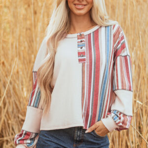 Beige Striped Waffle Patchwork Exposed Seam Raw Edge Casual Knit Top