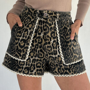 Khaki Contrast Scalloped Lace Trim Leopard Denim Shorts
