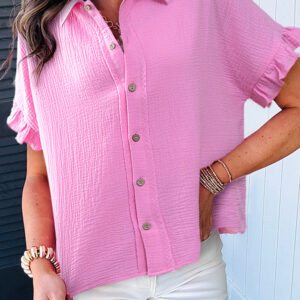 Bonbon Mineral Wash Textured Ruffle Trim Short Sleeve Shirt